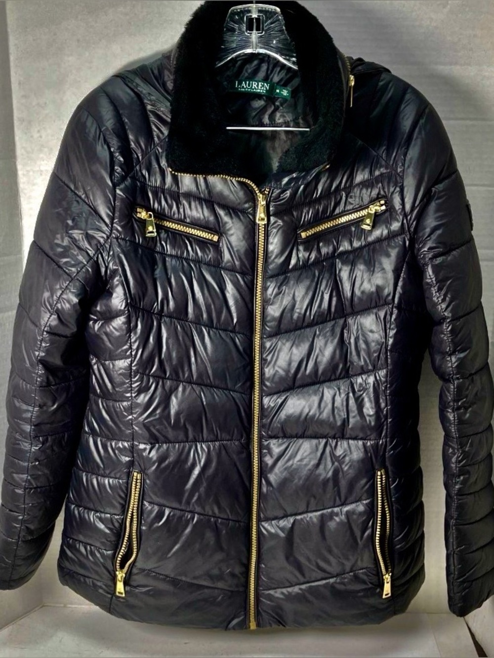 * Lauren Ralph Lauren Black Quilted Puffer Jacket Gold Hardware SZ Medium *